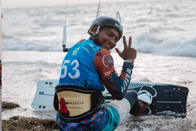 Kitesurfer riding on the water during a competition at Kite Fest Guajira in Mayapo.
