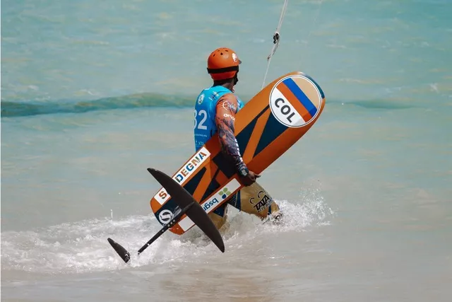 Kitesurfer riding on the water during a competition at Kite Fest Guajira in Mayapo.